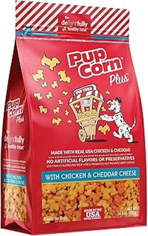 A bag of Pupcorn Plus dog treats.