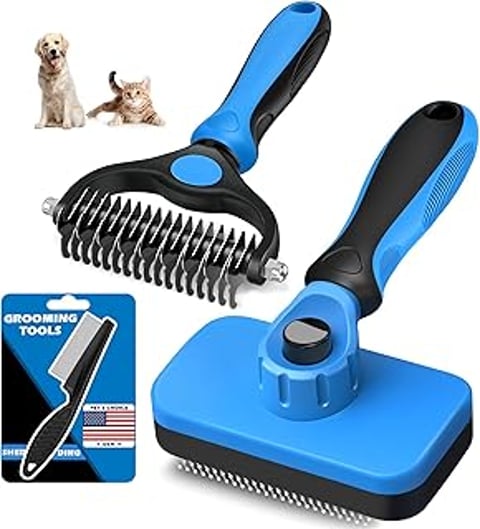 A blue grooming tool with a cat and a dog.