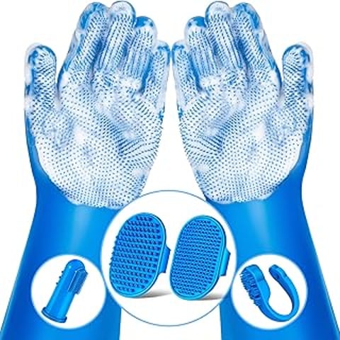 A blue glove with a blue brush.