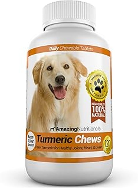 A bottle of turmeric chews for dogs.