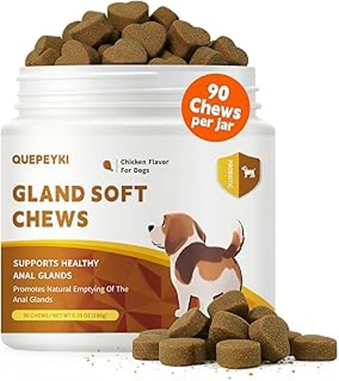 A jar of dog chews that support healthy anal glands.