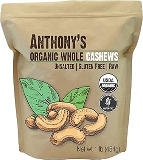 A bag of Anthony's Organic Whole Cashews.