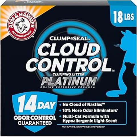 A box of Arm & Hammer Cloud Control Platinum Cat Litter.