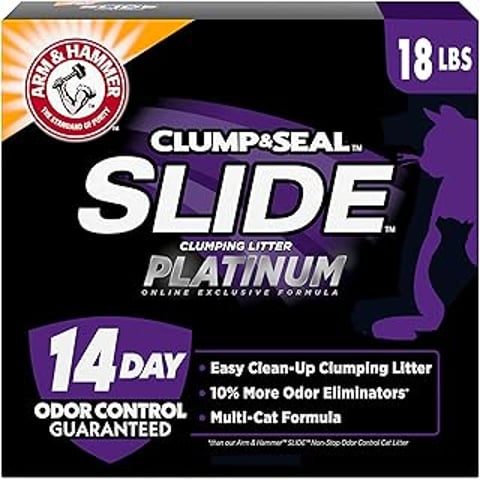 A box of Arm & Hammer Clump & Seal Slide Platinum Multi-Cat Clumping Cat Litter.