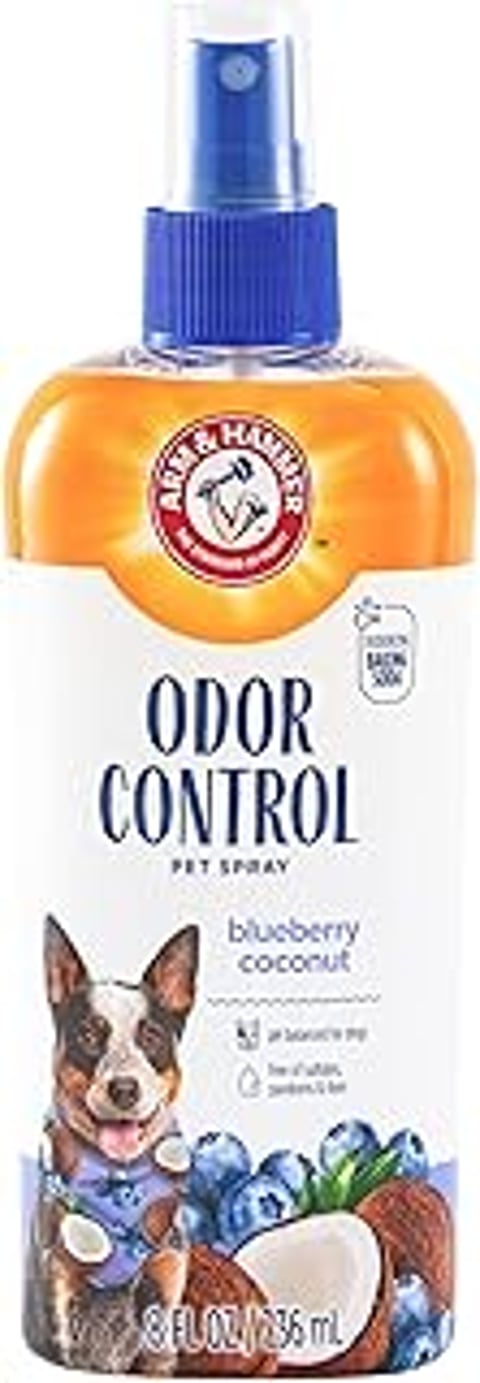 A bottle of Arm & Hammer for Pets Odor Control Pet Spray.