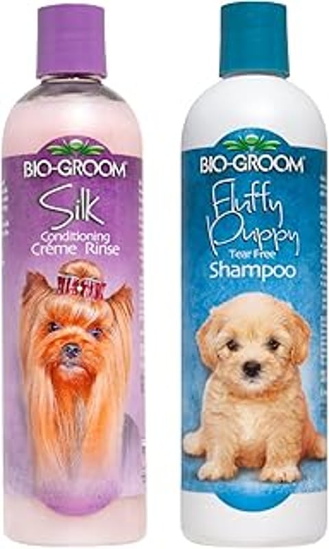 Two bottles of Bio Groom dog shampoo and conditioner.