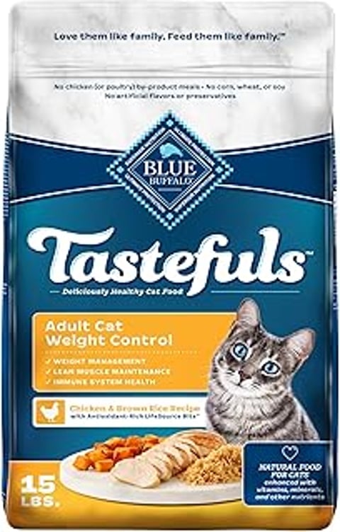 A cat is on the front of a bag of Tastefuls cat food.