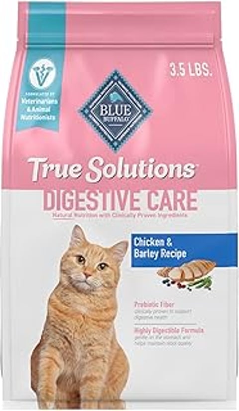 A bag of Blue Buffalo True Solutions Digestive Care cat food.