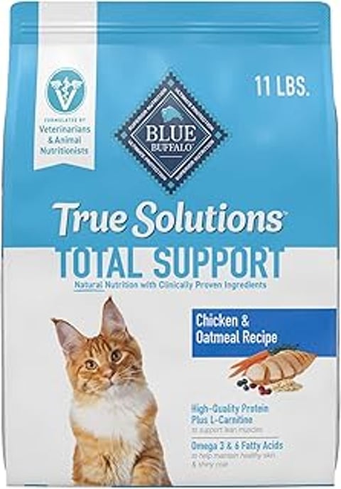 A bag of Blue Buffalo True Solutions Total Support cat food.