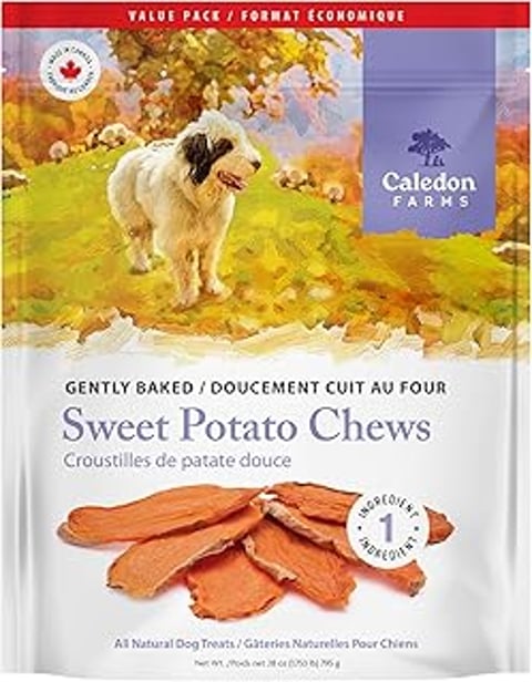 A bag of Caledon Farms Sweet Potato Chews.