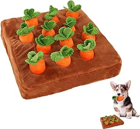 A brown carrot snuffle mat for dogs.
