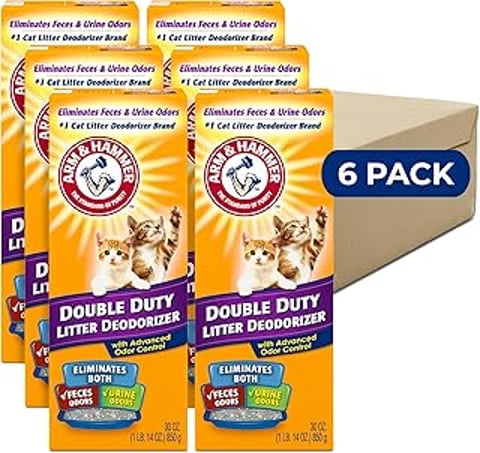 A box of six 30 oz. containers of Cat Litter Deodorizer Double Duty.