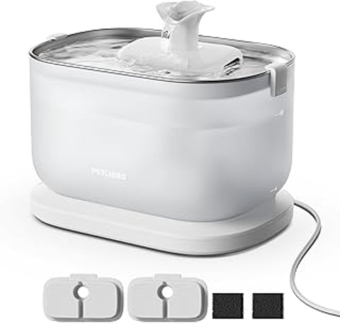 A cat water fountain with a stainless steel tray and a wireless pump.