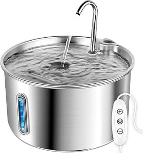 A stainless steel cat water fountain with a pump and three flow modes.
