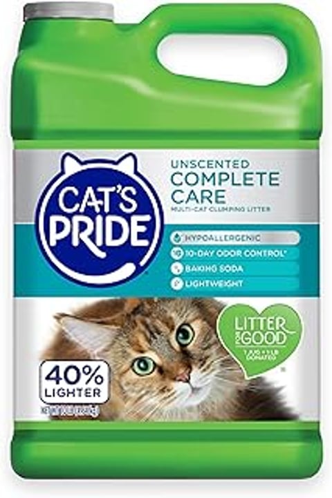 A cat's pride litter box with a cat in it.