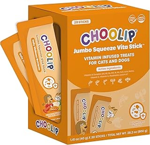 A box of Choolip Squeeze Vita Stick Lickable Cat Treats.