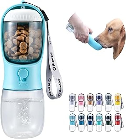 A dog water bottle with food in it.