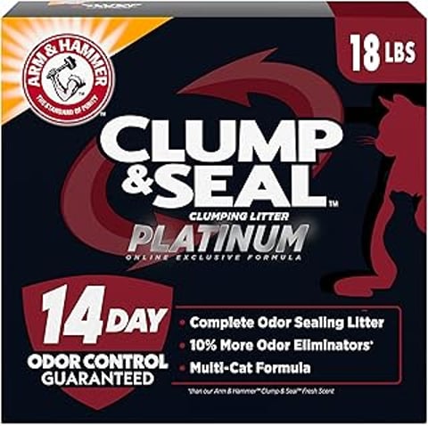 A box of Clump & Seal Platinum Cat Litter.