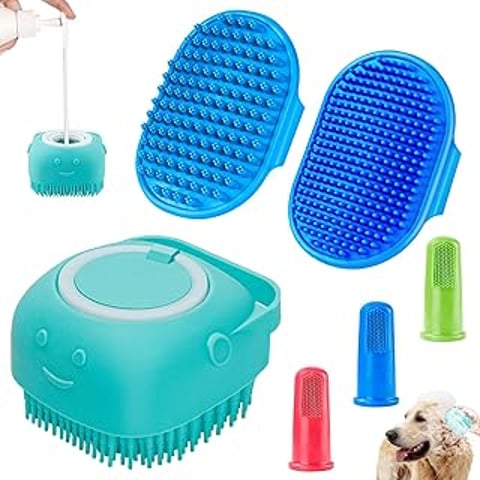 A blue and green dog brush.