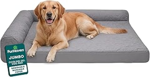 A dog is laying on a cooling gel dog bed.