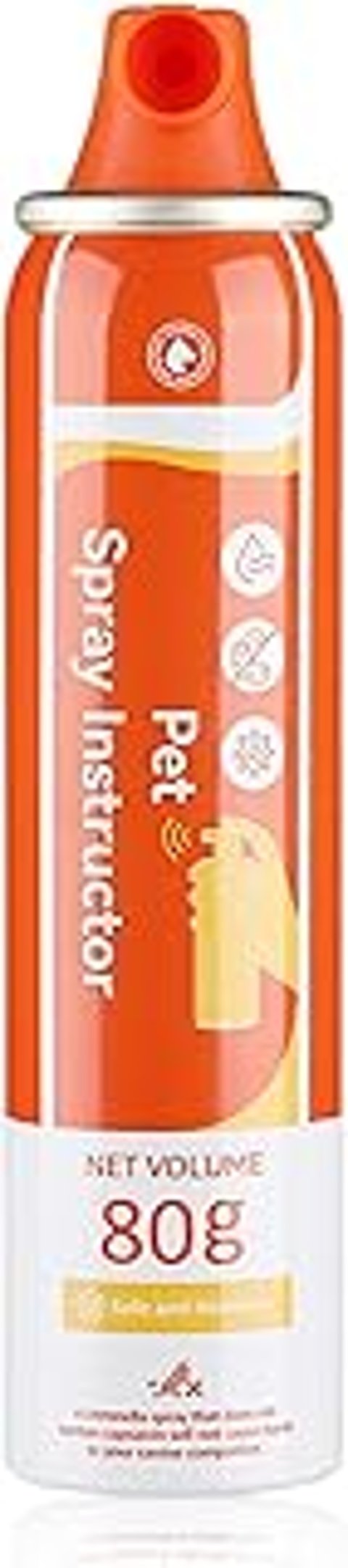A red and white pet instruction spray.