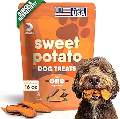 A dog is eating a sweet potato treat.