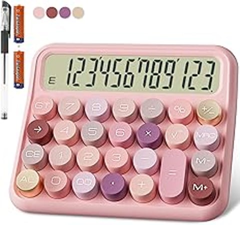 A pink calculator with a battery.