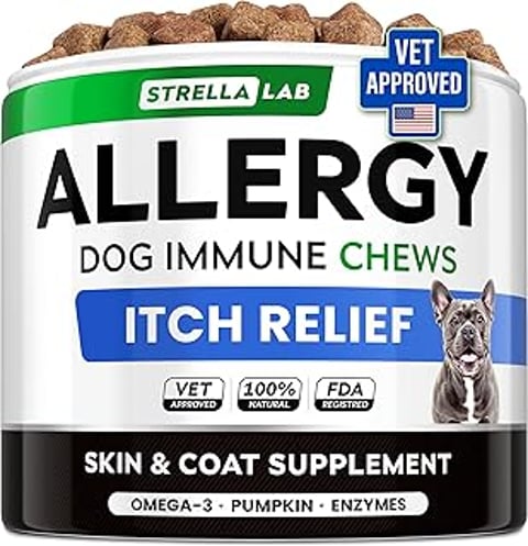 A dog chew with allergy relief and anti itch.