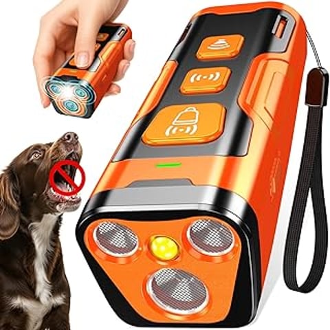 A dog bark deterrent device is shown with a dog in the foreground.