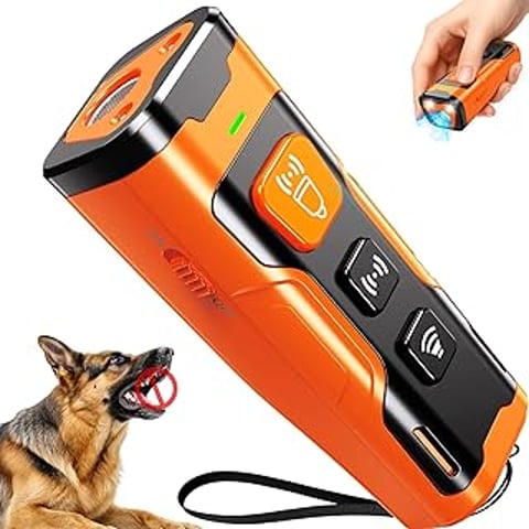 A dog bark deterrent device is orange and black.