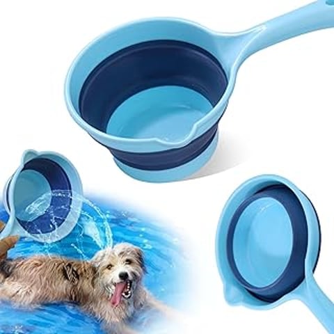 A blue dog bath rinsing cup.