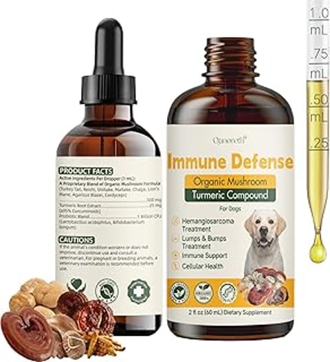 A bottle of Immune Defense with a dog on the label.