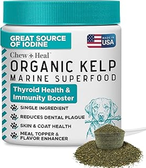 A bottle of dog dental powder with a dog on the label.
