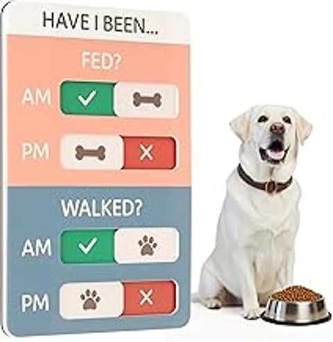 A dog is sitting next to a sign that says "Have I been fed?".