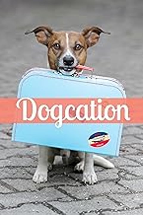 A dog is holding a suitcase.