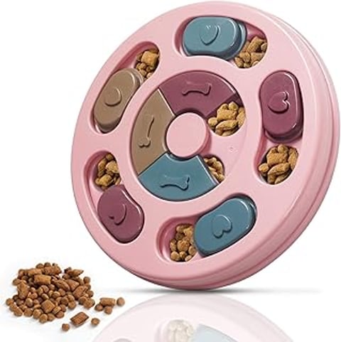 A pink dog puzzle with food inside.