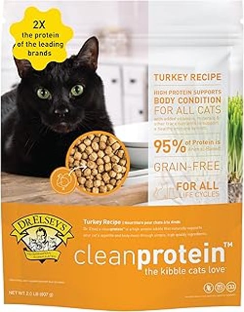 A black cat is sitting on a table next to a bag of Dr. Elsey's cleanprotein Turkey Cat Kibble.