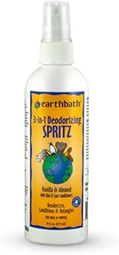 A bottle of Earthbath 3-in-1 deodorizing spray.