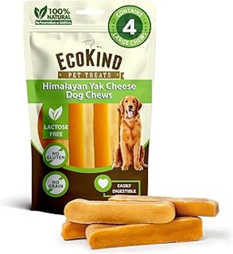 A bag of EcoKind Premium Gold Yak Cheese Himalayan dog chews.