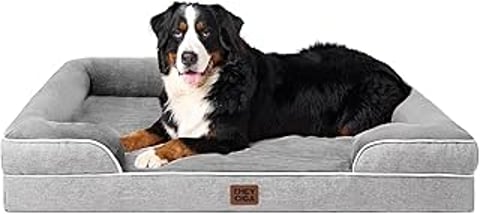 A large black and white dog is laying on a dog bed.