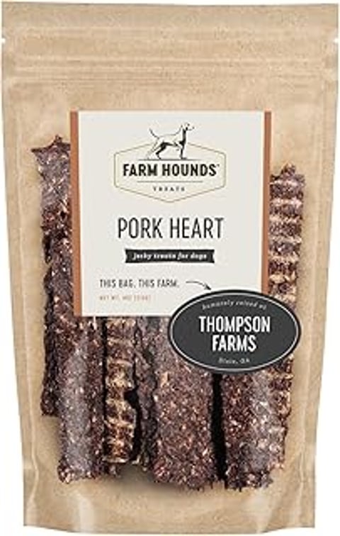 A bag of Farm Hounds Pork Heart Jerky Treats.
