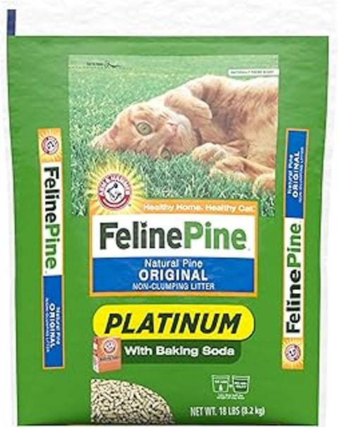 A box of Feline Pine Platinum cat litter.