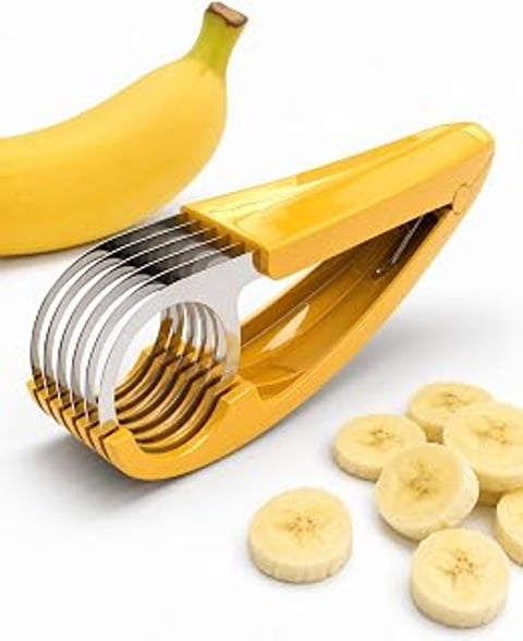 A banana slicer is shown with a banana and a bunch of banana slices.