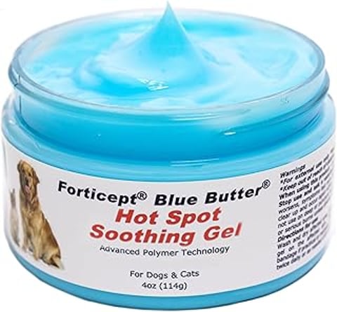 A jar of Forticept Blue Butter Hot Spot Soothing Gel.