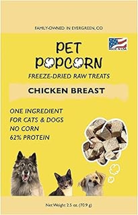 A bag of freeze dried raw treats chicken breast.