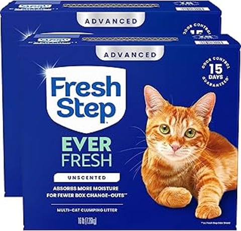 A box of Fresh Step Advanced Ever Fresh Multi Cat Clumping Cat Litter.