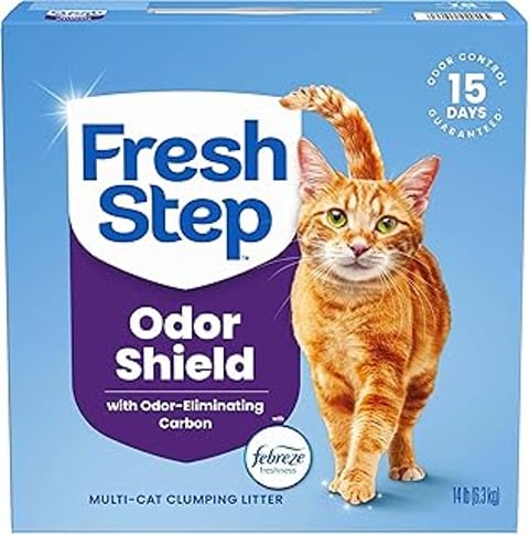 A box of Fresh Step Odor Shield cat litter.