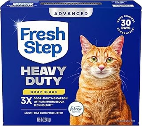 A cat sitting on a box of Fresh Step Heavy Duty Odor Block Advanced Multi Cat Clumping Litter.