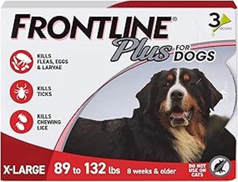 A large black dog with a white face is shown on the front of a box of Frontline Plus Flea and Tick Treatment.
