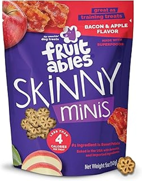A bag of Fruitables Skinny Mini dog treats.